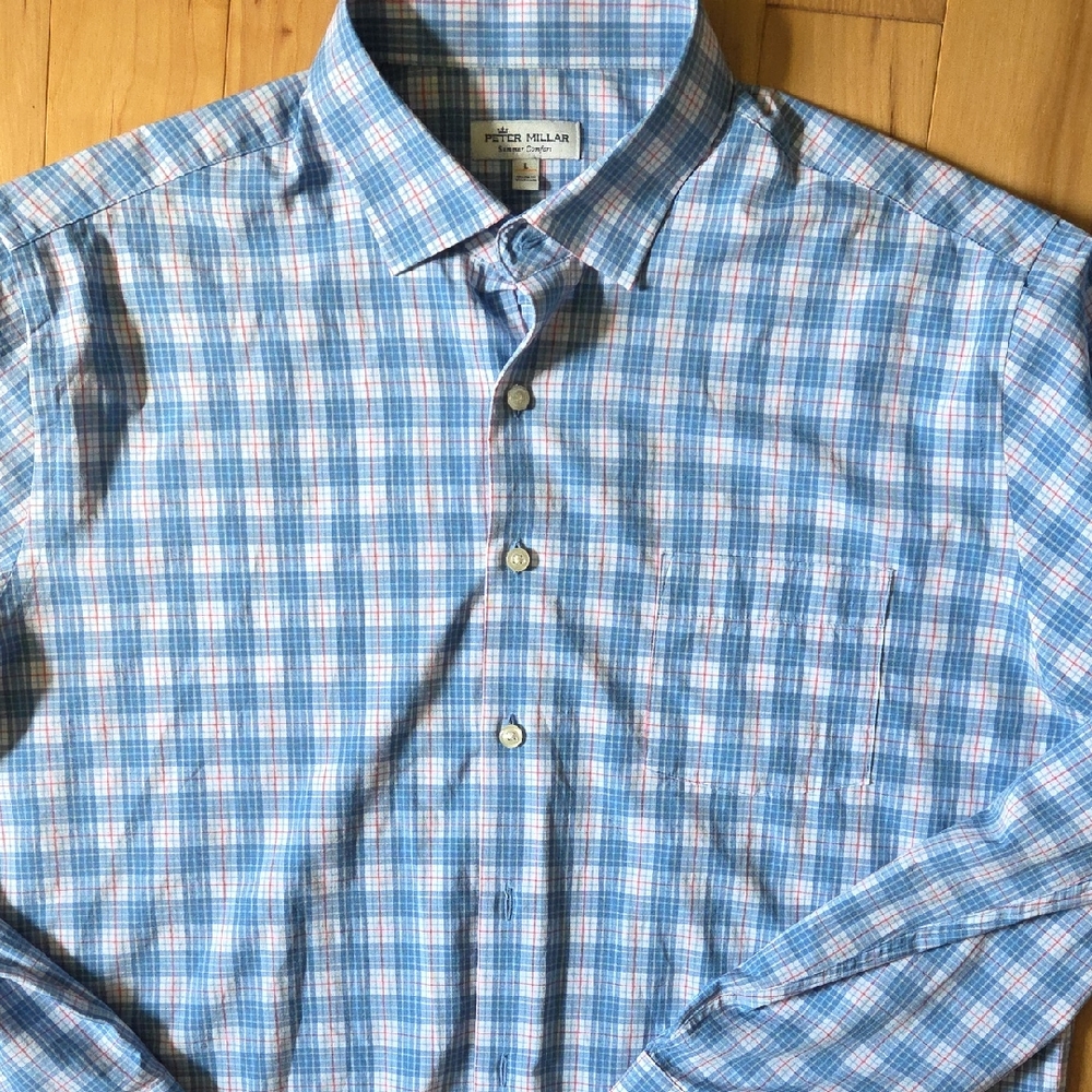 Peter Millar Light Blue and White Checkered Shirt